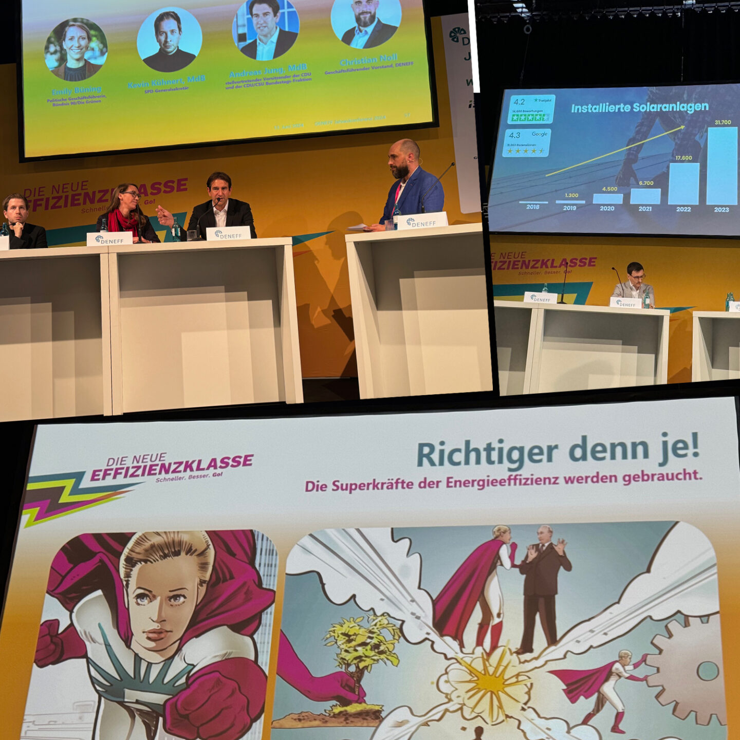 Konferenzpodium und Comic-Poster über Energieeffizienz.