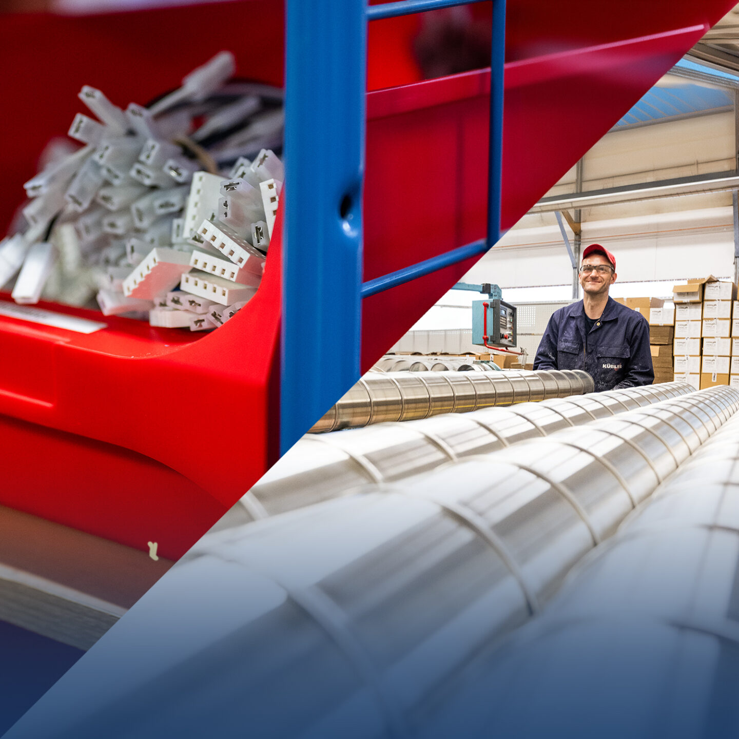 Man in warehouse with materials and rolls.