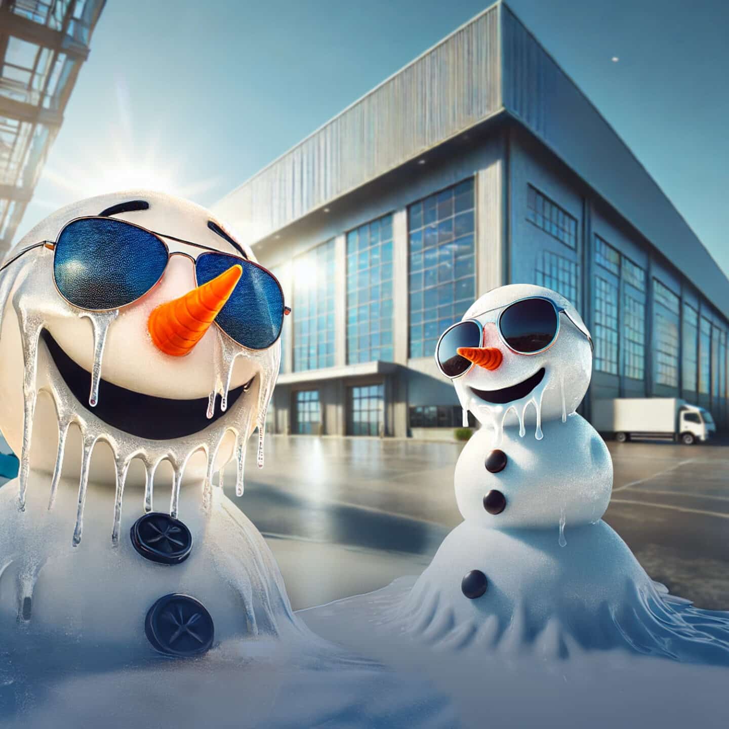 Two melting snowmen with sunglasses