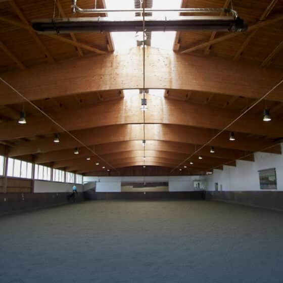 Riding hall with wooden roof and one person