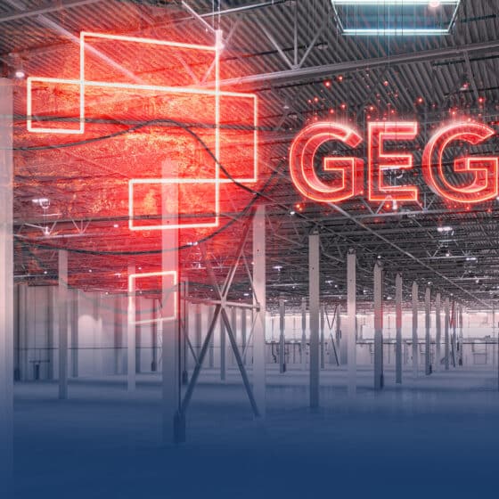 Empty hall with red neon lights and GEG lettering