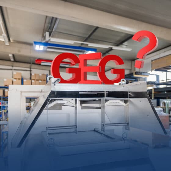 Red GEG sign on machinery with question mark