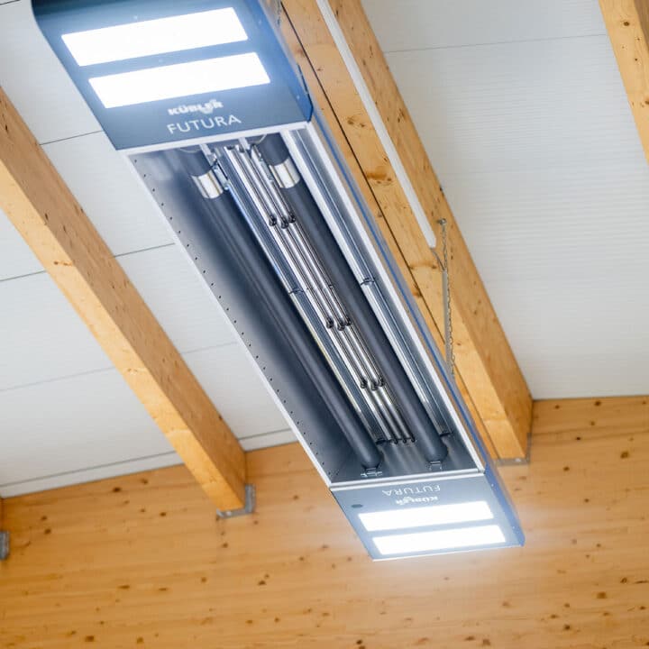 Futuristic luminaire with modern wooden beams