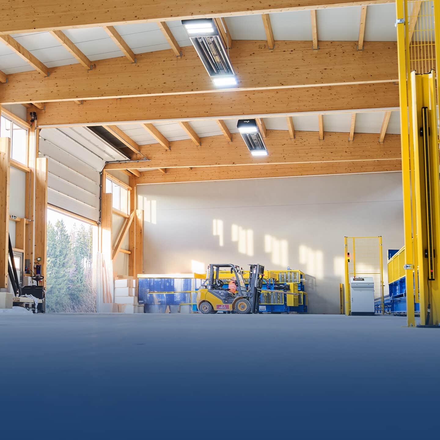 Bright warehouse with forklift and timber construction