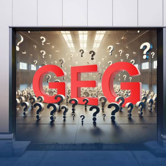 Red letters GEG surrounded by question marks