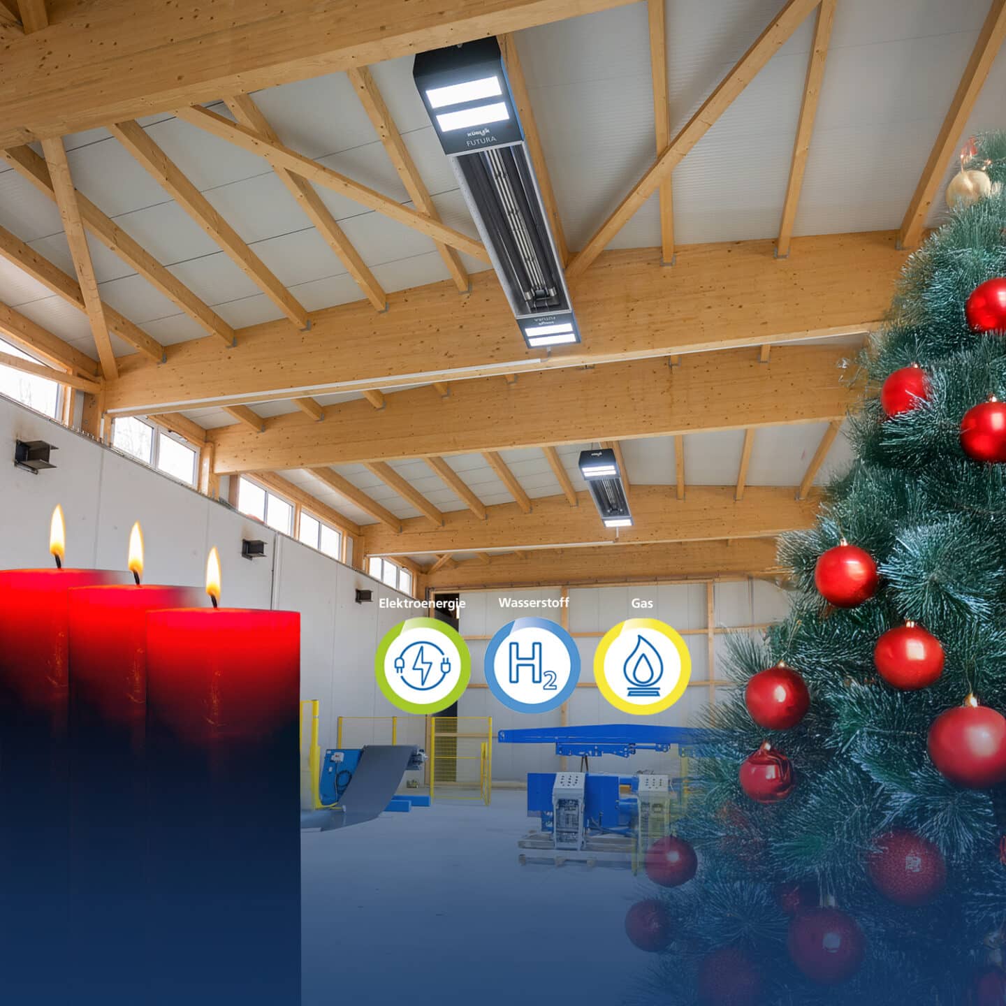 Interior view of a factory building with Christmas decorations