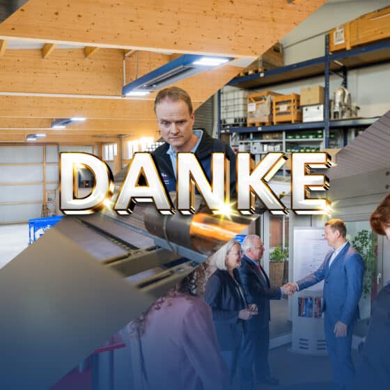 Collage von Arbeitsplatzszenen mit Text 'DANKE'